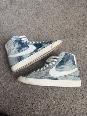 Nike High-Top Tie-Dye Denim Sneakers with White Swoosh